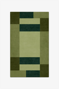 Rectangular olive green rug with geometric pattern on a white background