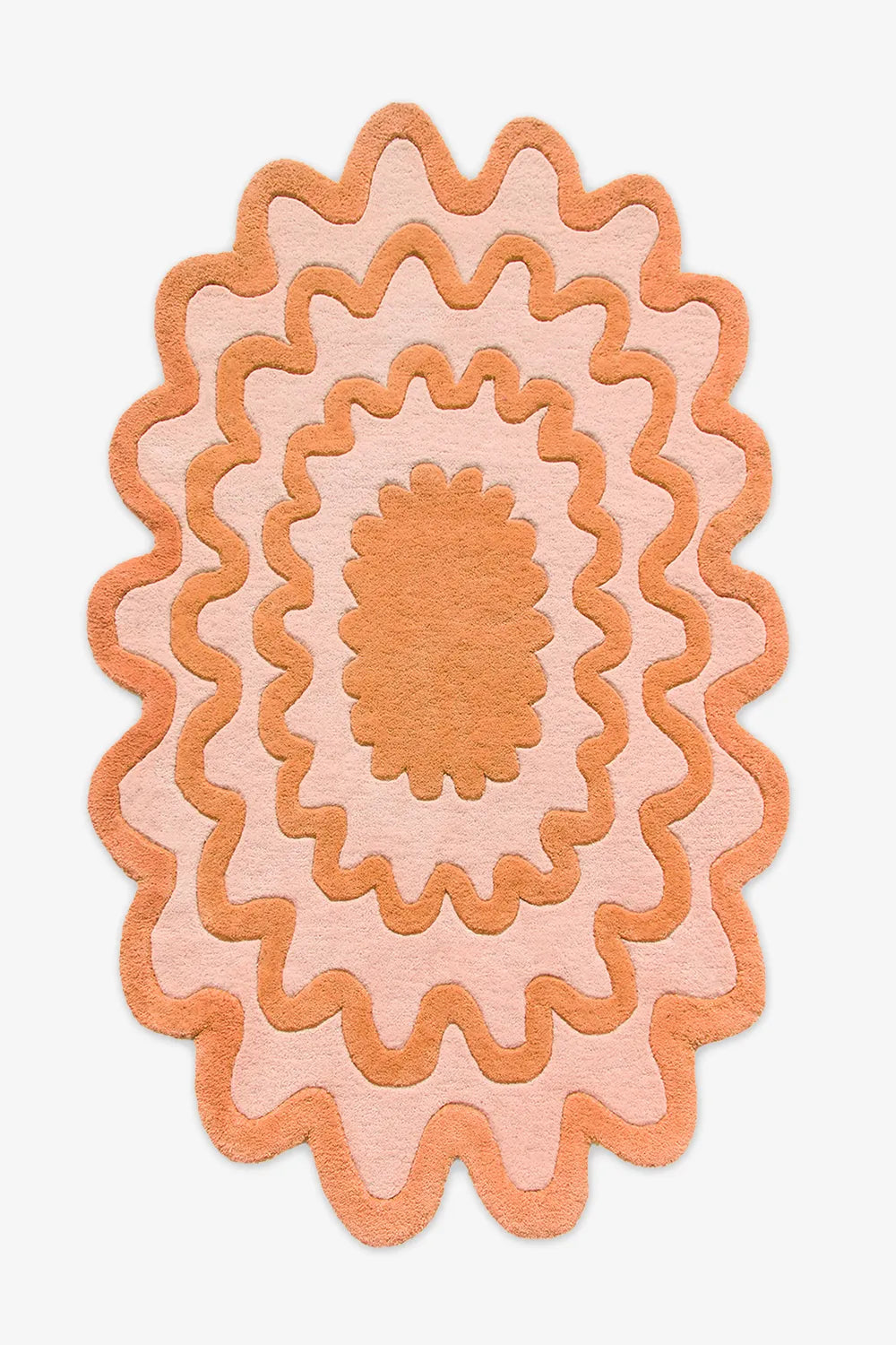 8x10 orange ripple oval wool rug with scalloped edges, abstract boho design on white background