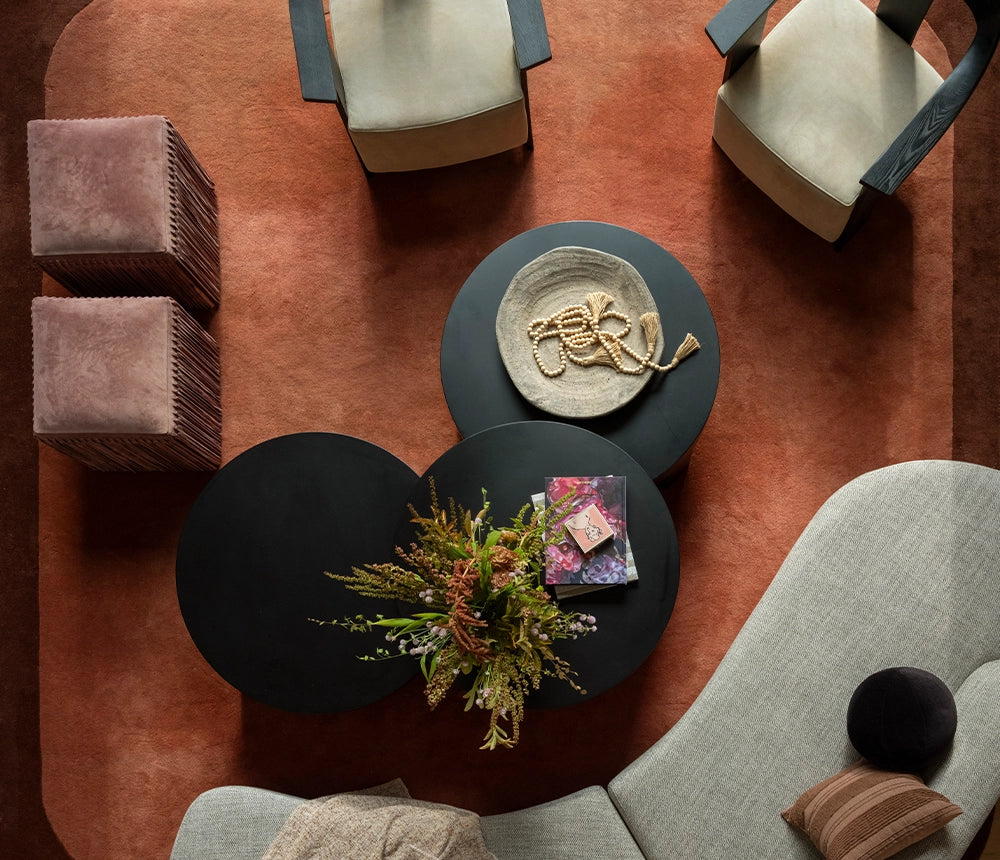 Top-down view of a living room with a modern brown rug, round coffee table, chairs, and decorative items.