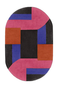 Pink, black, and orange oval wool rug with graphic hand-tufted color blocking and soft plush texture
