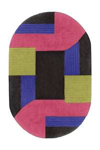 Multicolor oval wool rug in navy, olive, burgundy, and black tones with geometric block pattern