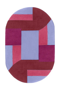 Lavender and burgundy oval wool rug with bold hand-tufted color blocks and high-pile sculpted surface