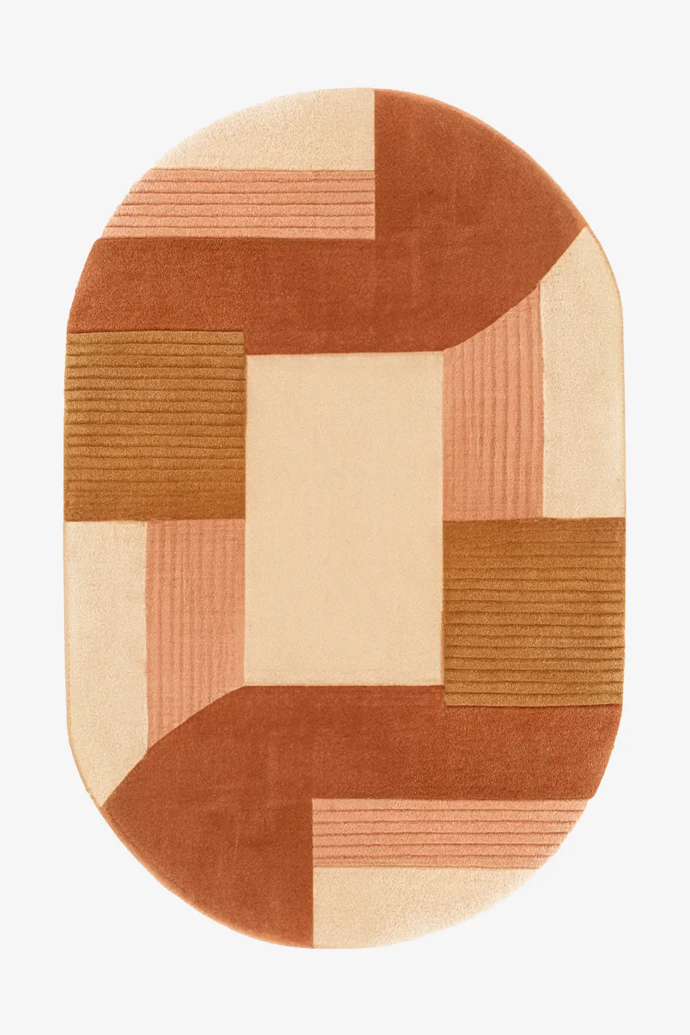8x10 oval wool rug in terracotta, camel, and cream color blocks with hand-tufted modern geometric design
