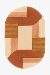 8x10 oval wool rug in terracotta, camel, and cream color blocks with hand-tufted modern geometric design