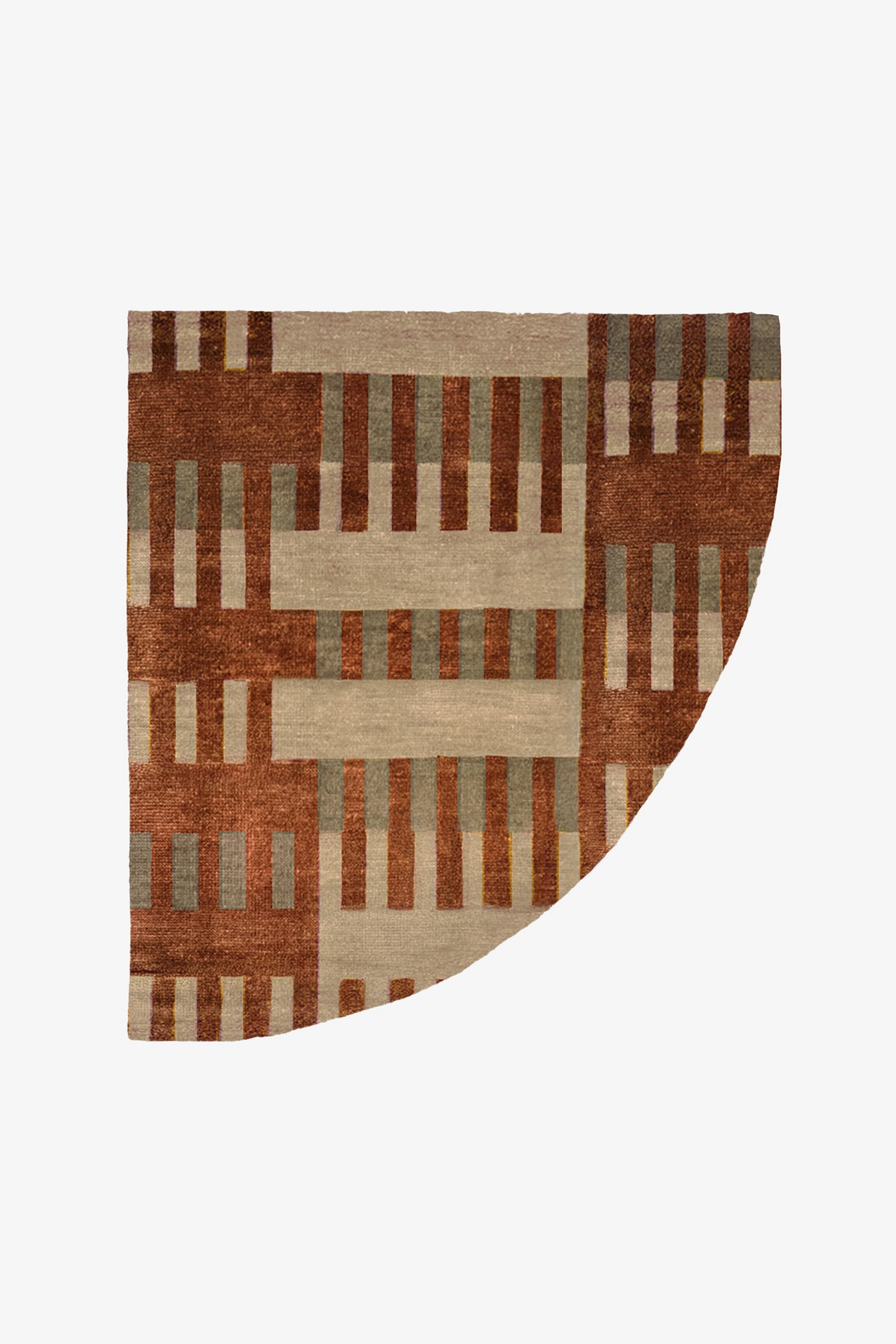 A curved, wedge-shaped area rug with a geometric pattern of rust brown, beige, and muted sage green stripes, shown flat against a solid white background multicolor