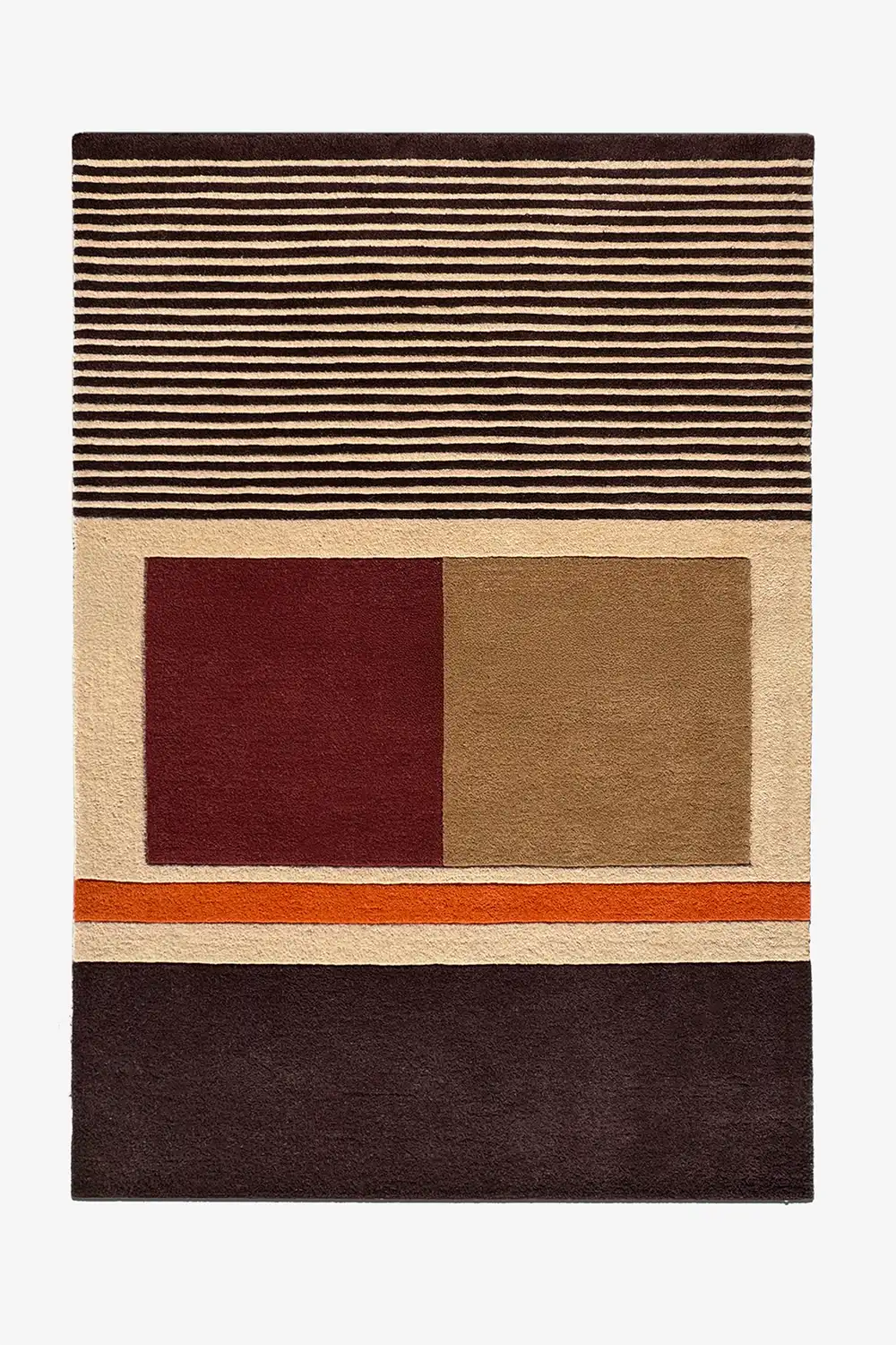 Modern 9x12 neutral rug with sculpted color block pattern in cream, maroon, and espresso