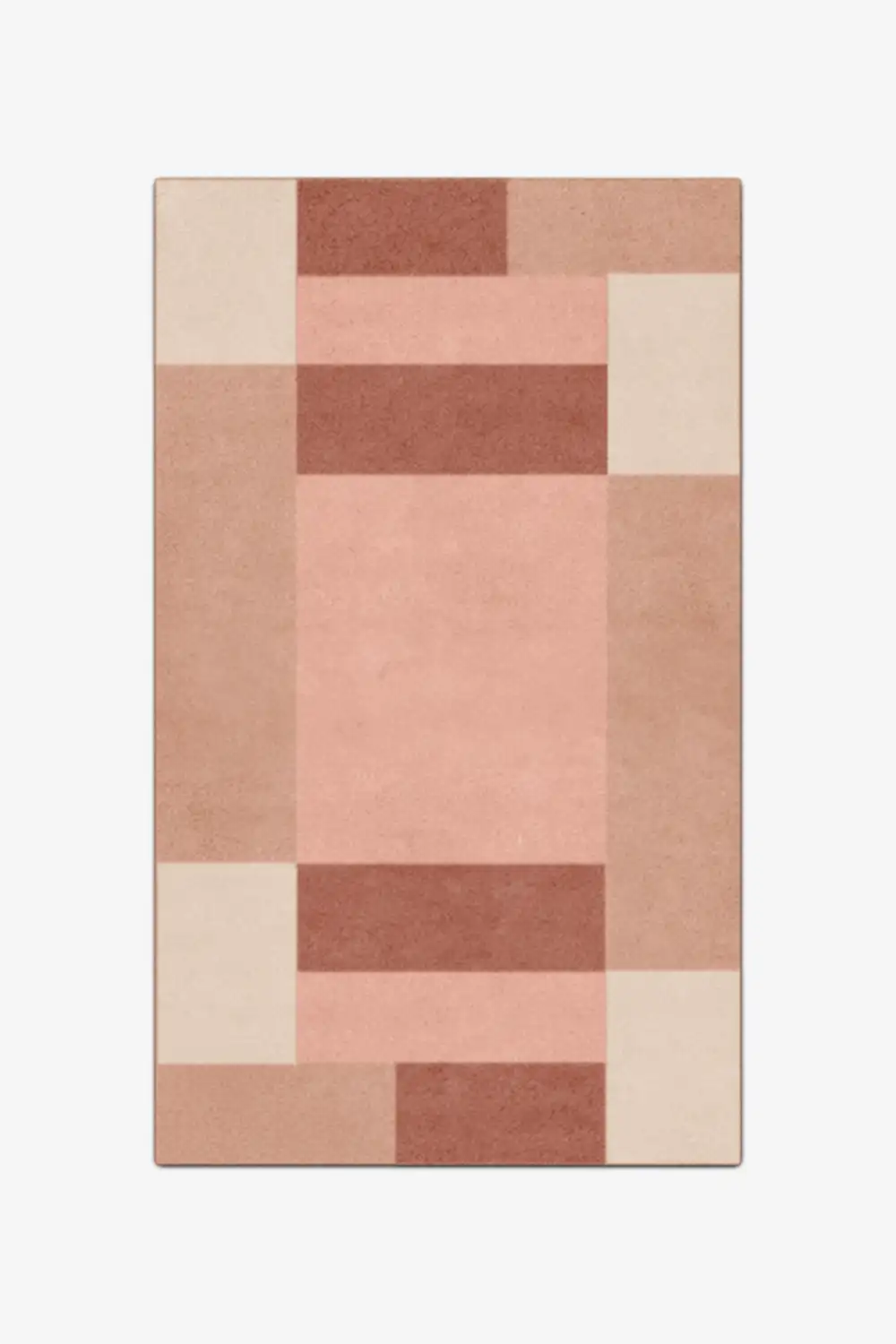 Rectangular rug with a geometric pattern in shades of brown and beige on a white background