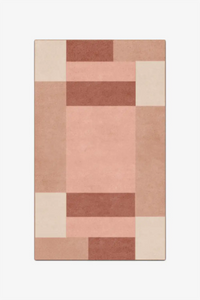 Rectangular rug with a geometric pattern in shades of brown and beige on a white background