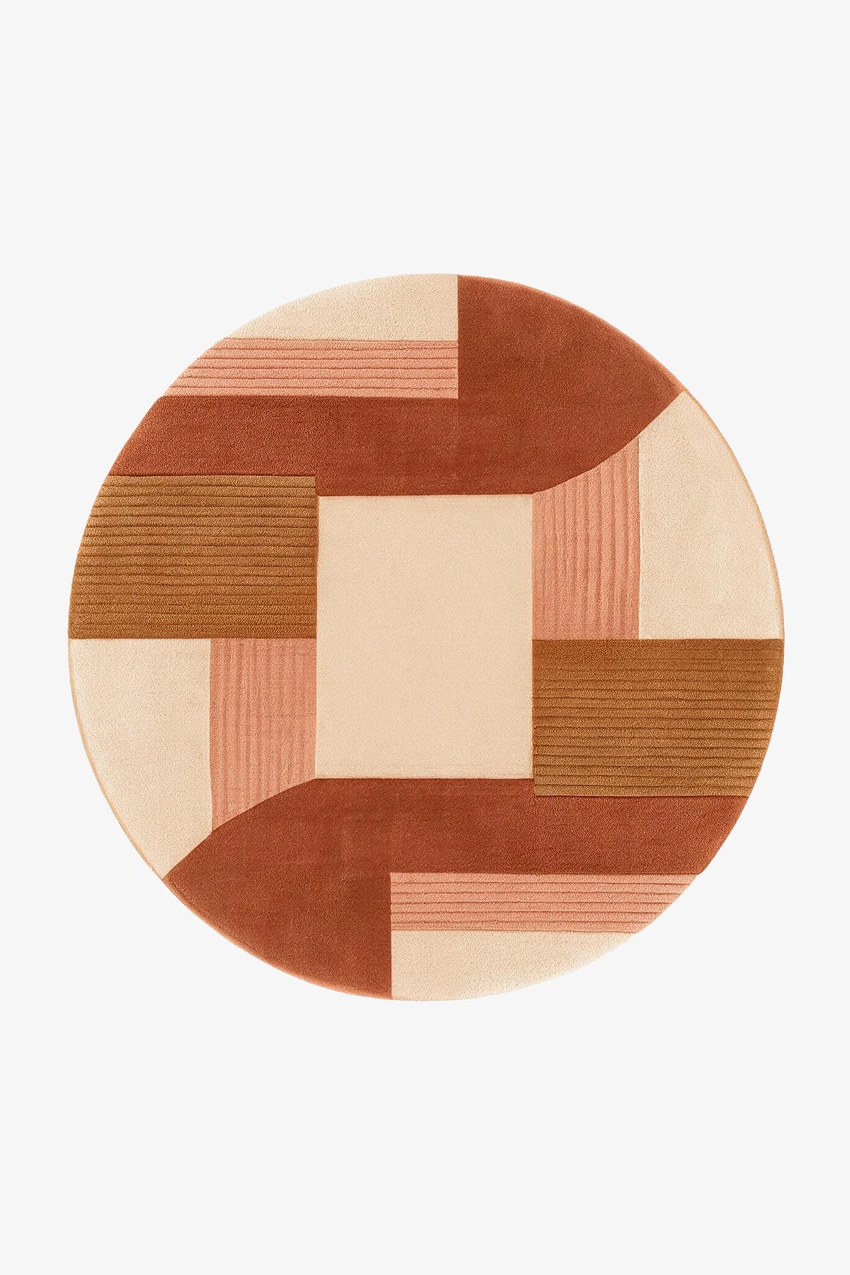 A round area rug with a geometric patchwork design in terracotta, dusty pink, beige, and brown, shown from a top-down view on a light gray background.