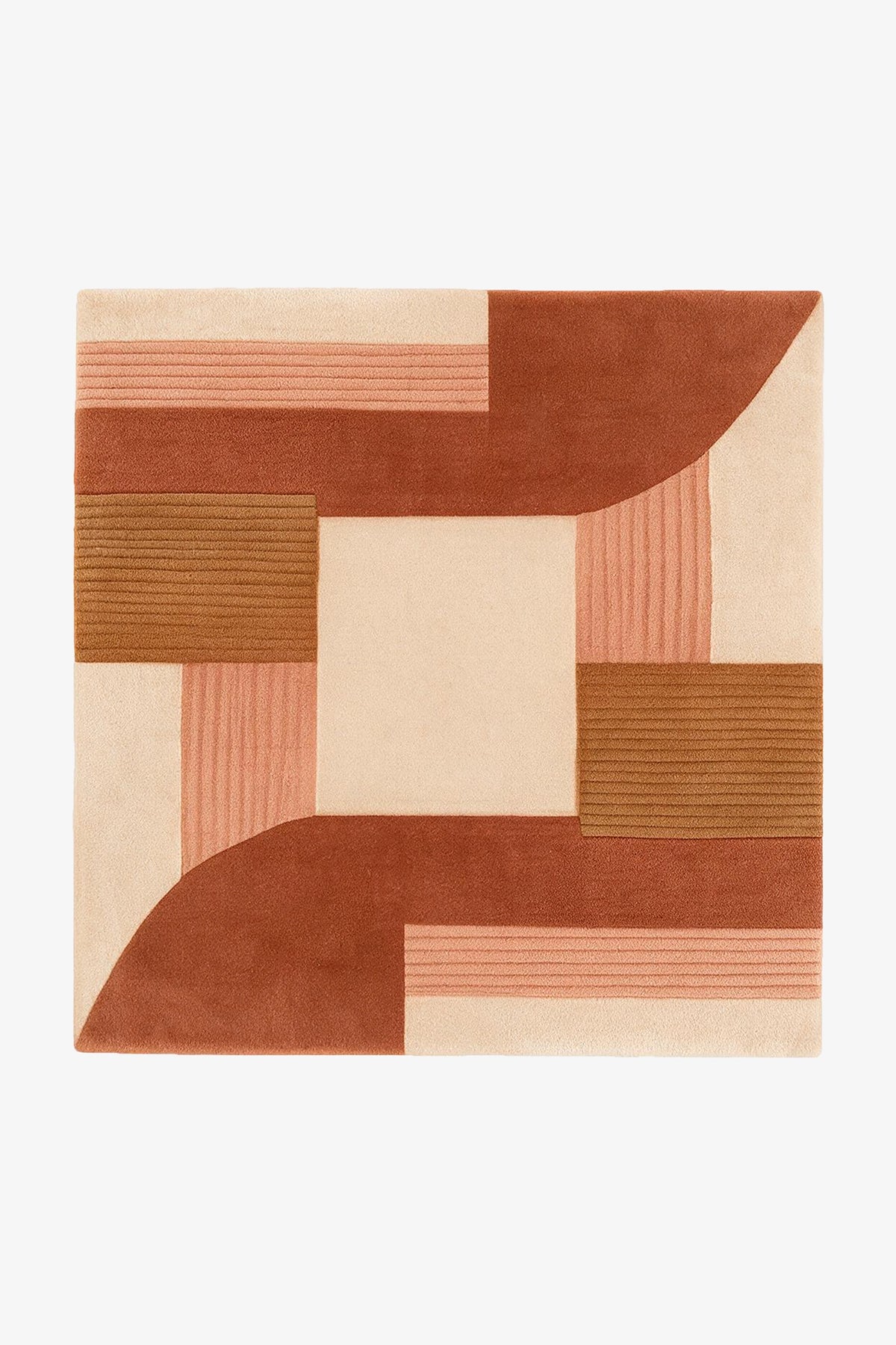 A square area rug with an abstract geometric pattern in terracotta, rust, peach, and cream, shown flat against a plain white background.