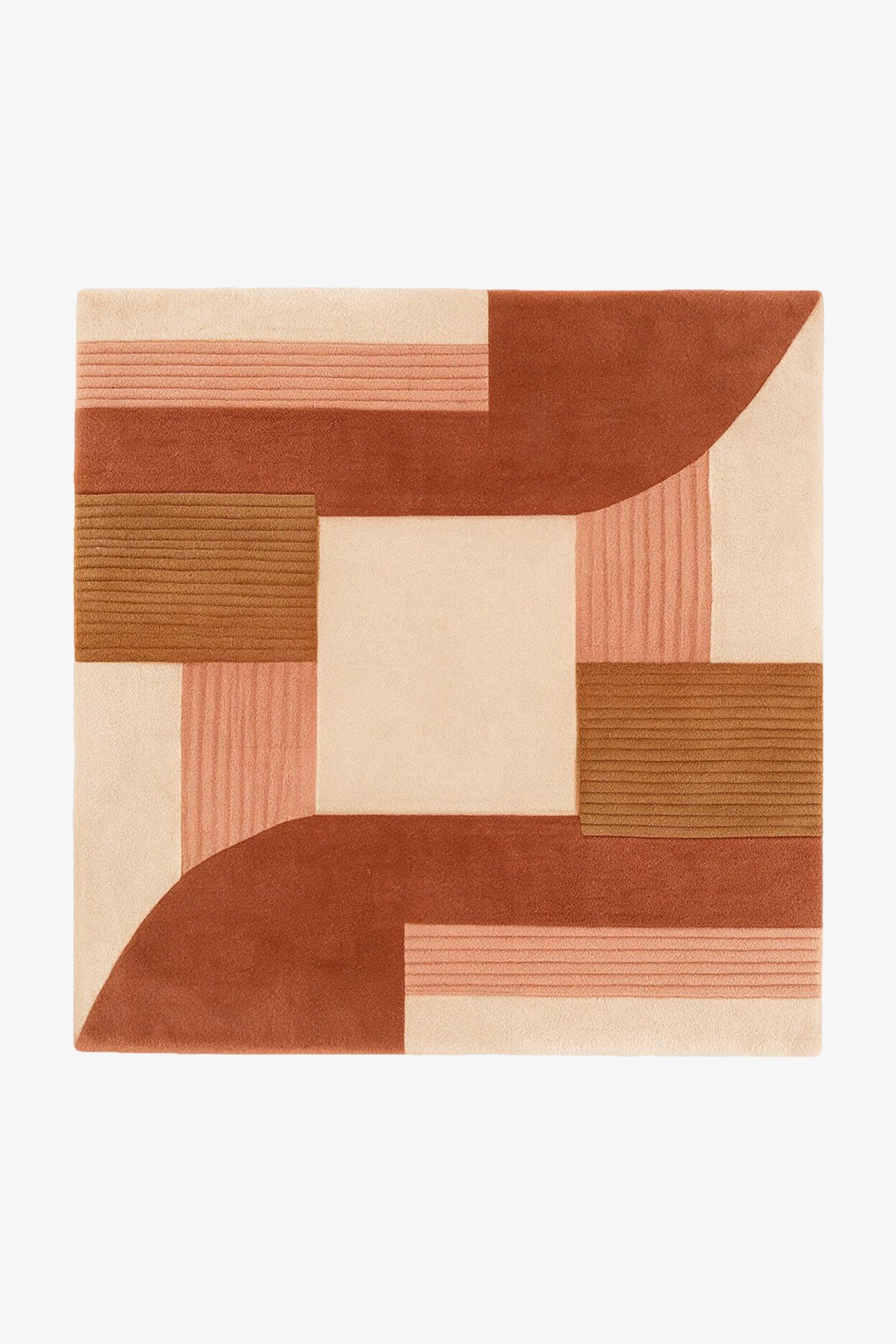 A square area rug with an abstract geometric pattern in terracotta, rust, peach, and cream, shown flat against a plain white background.