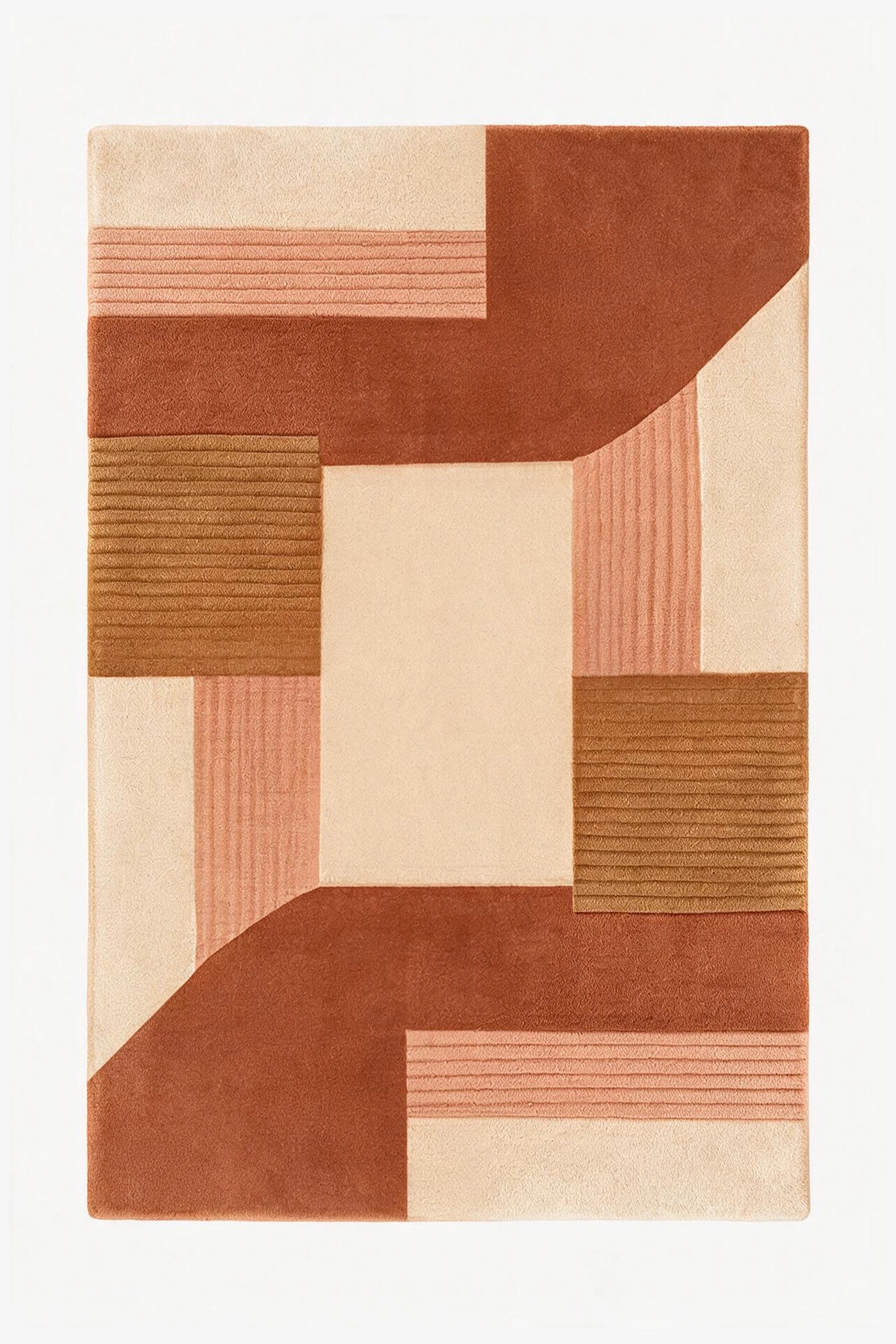 An abstract geometric area rug with a modern patchwork design in terracotta, dusty rose, tan, and cream, shown flat against a white background.