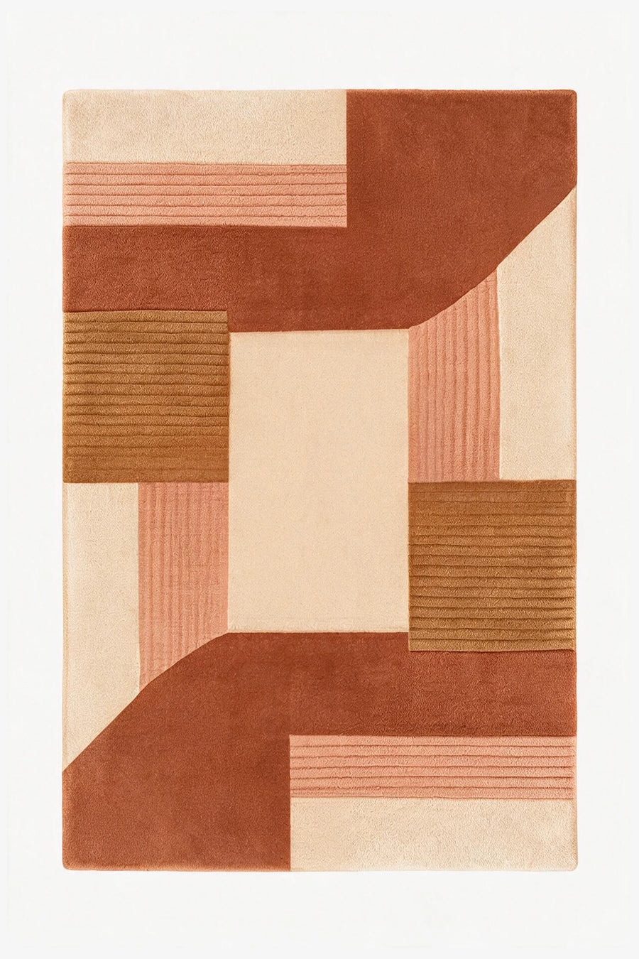 An abstract geometric area rug with a modern patchwork design in terracotta, dusty rose, tan, and cream, shown flat against a white background.
