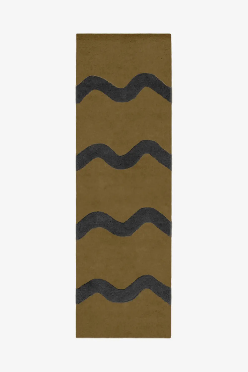 Olive green wool runner rug with navy wavy pattern, earthy modern runner rug 2x8