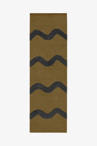 Olive green wool runner rug with navy wavy pattern, earthy modern runner rug 2x8
