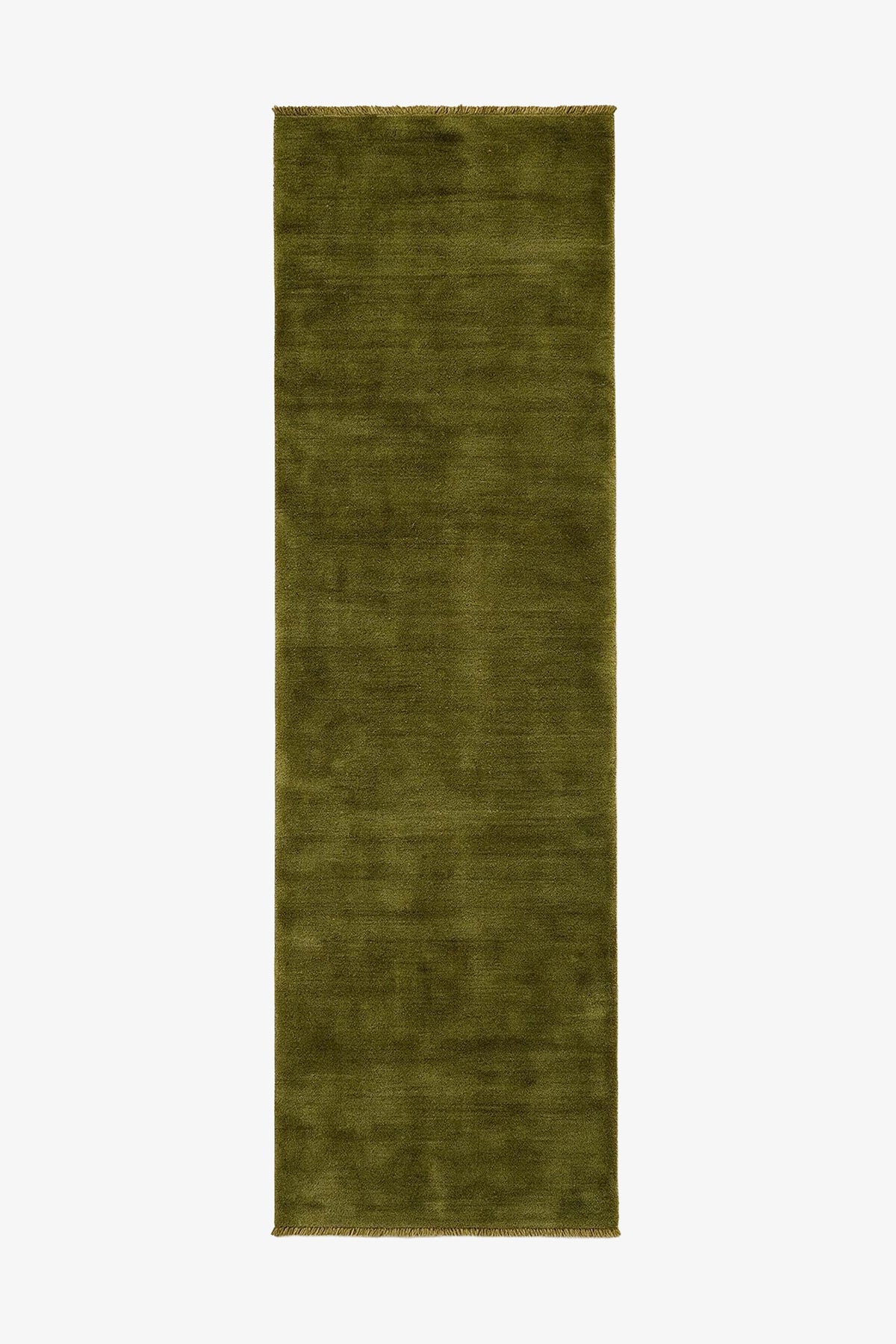 olive green hand-knotted wool runner rug with fringe