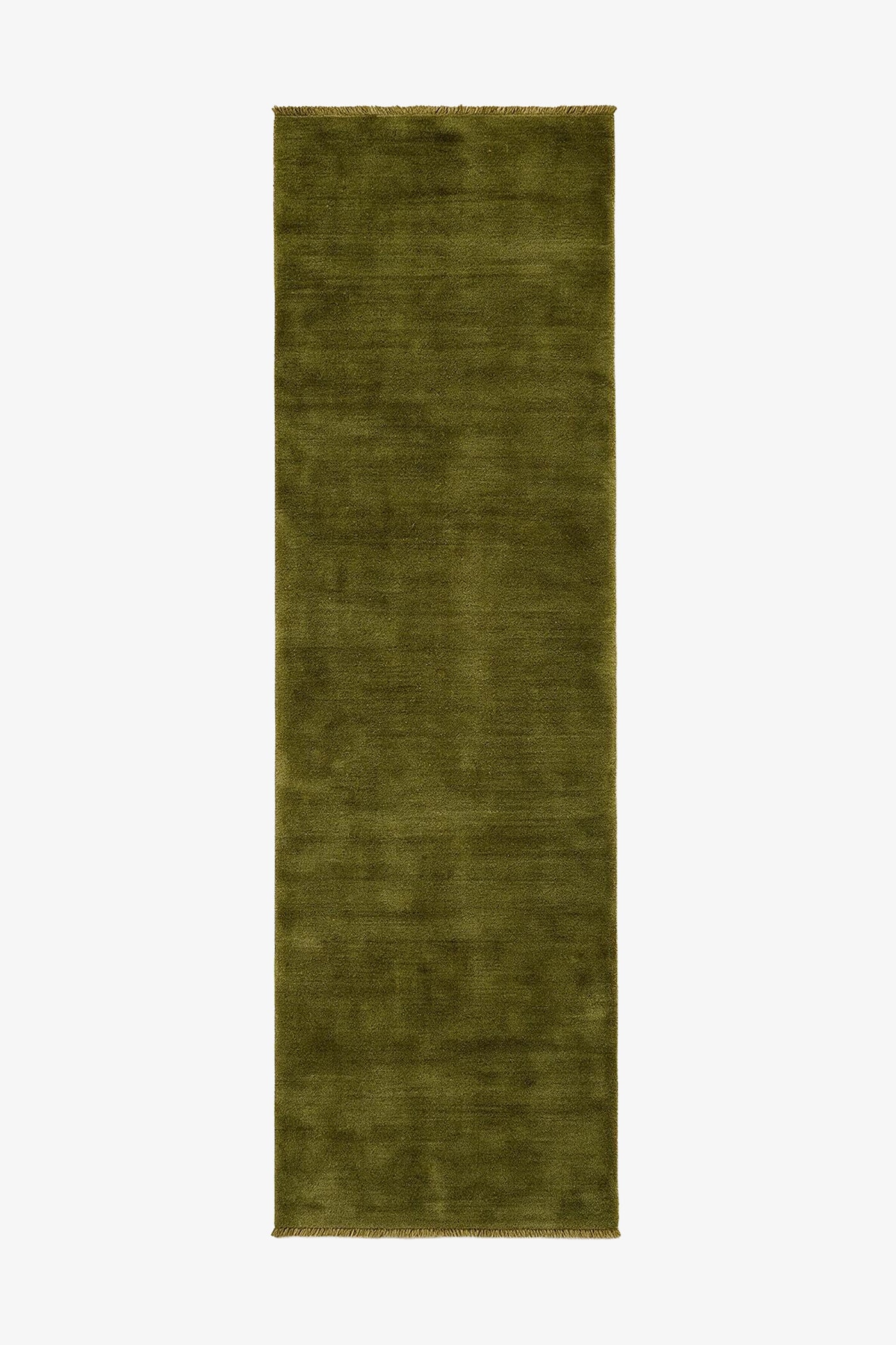 olive green hand-knotted wool runner rug with fringe