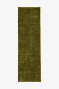 olive green hand-knotted wool runner rug with fringe