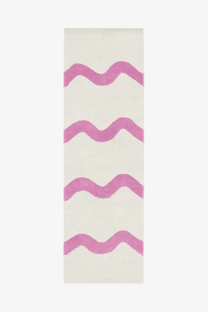 Cream runner rug with pink wavy stripes, minimalist wool runner rug for bedroom or entryway