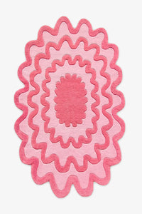 5x8 pink wavy abstract oval rug, scalloped modern wool area rug for living room or bedroom