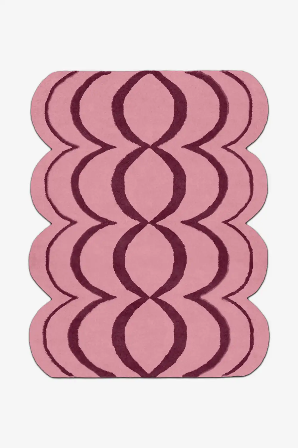 Pink wool rug with wavy deep red lines on a white background