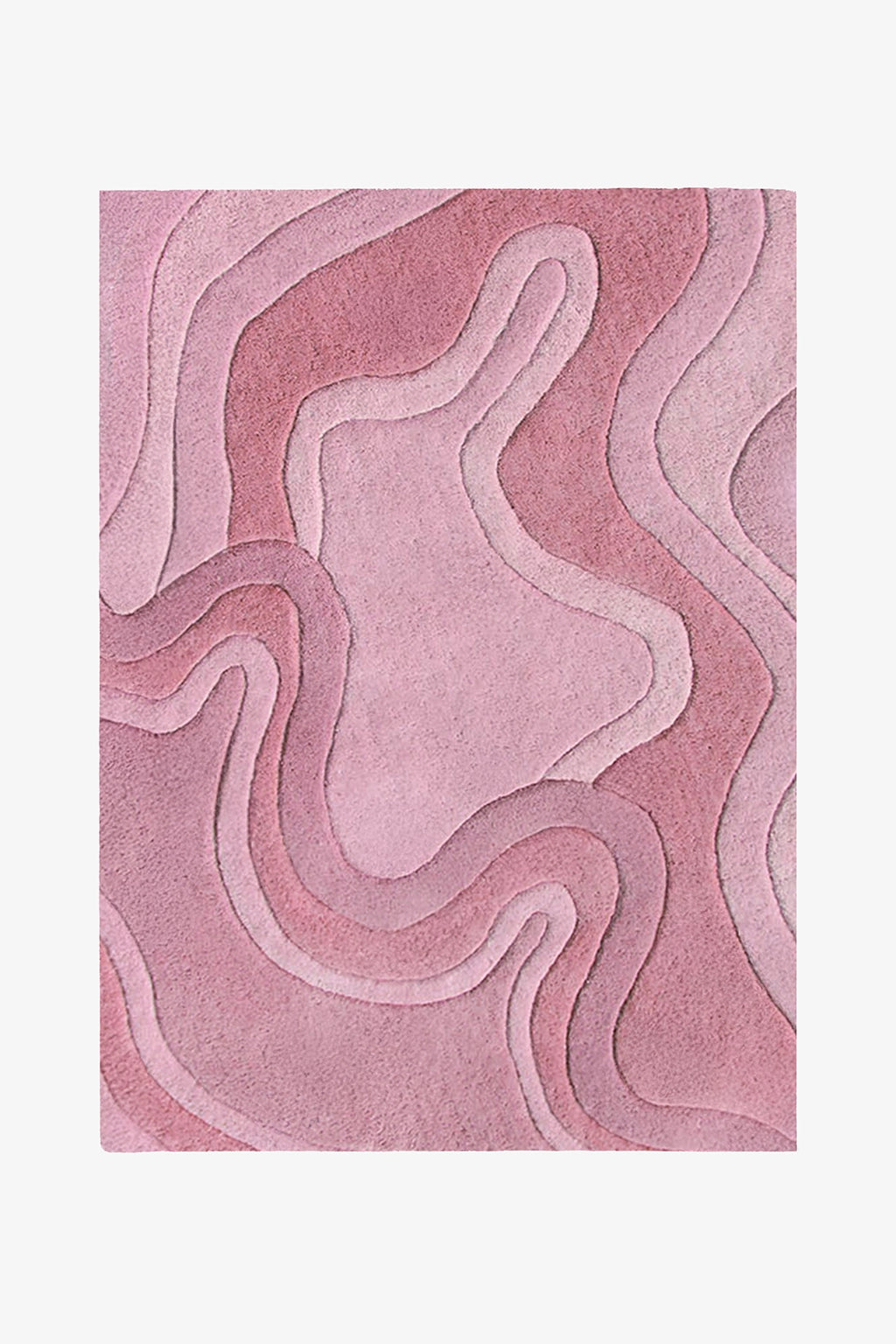 A rectangular area rug with an abstract, layered topographic pattern in shades of dusty pink and mauve, shown flat against a light gray background rose