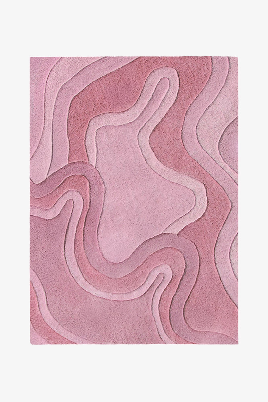 A rectangular area rug with an abstract, layered topographic pattern in shades of dusty pink and mauve, shown flat against a light gray background rose