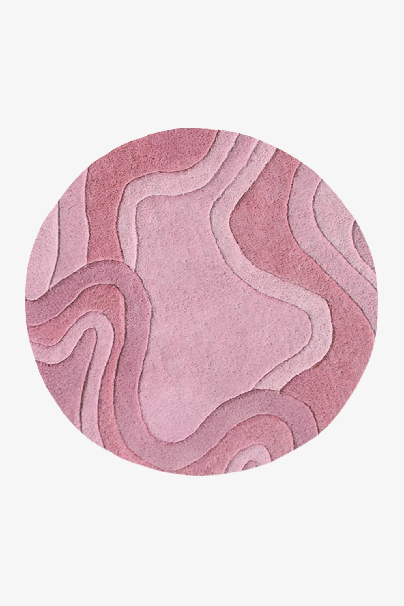 A round area rug featuring an abstract, layered topographic pattern in various shades of dusty pink and mauve, shown against a plain light gray background rose