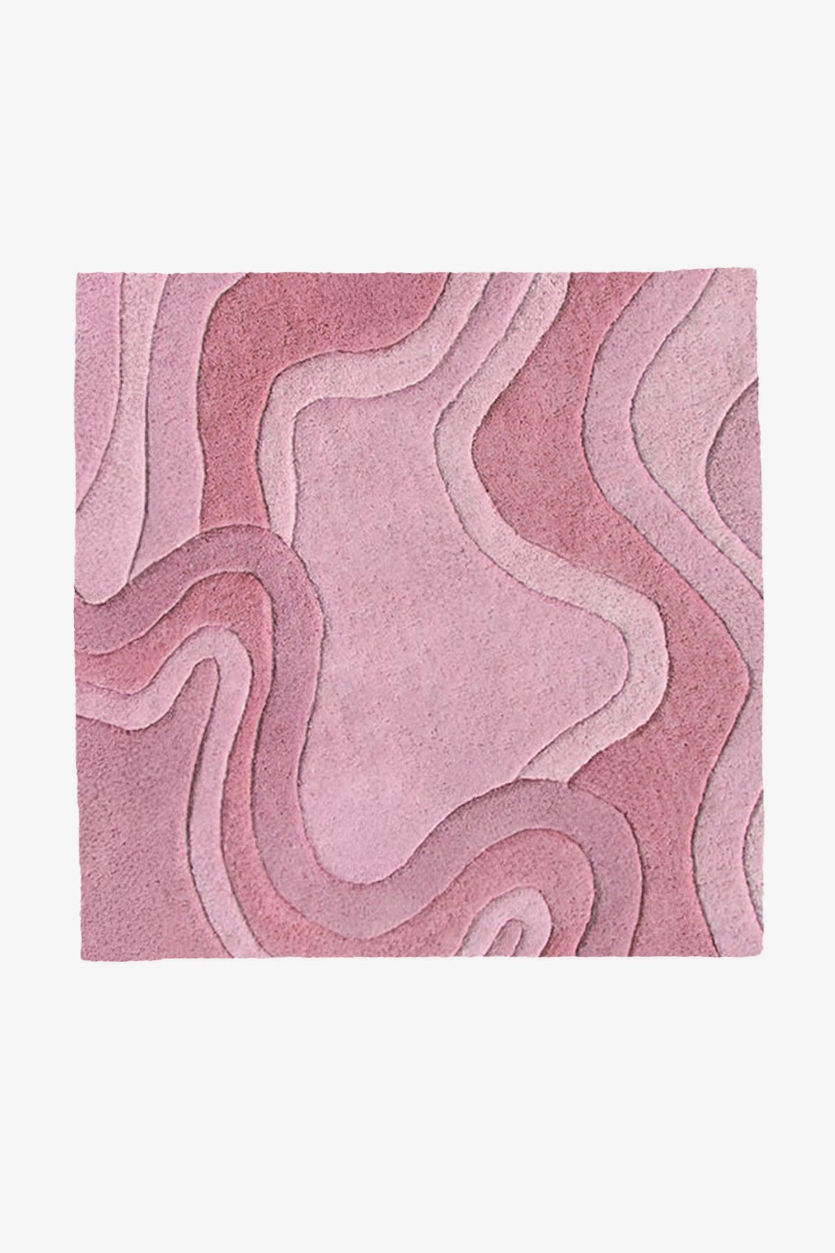 A square pink area rug with an abstract, layered wavy pattern in various shades of dusty rose and mauve, shown flat against a light gray background rose