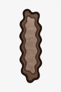 Wavy irregular shaped wool runner rug with brown and beige organic form