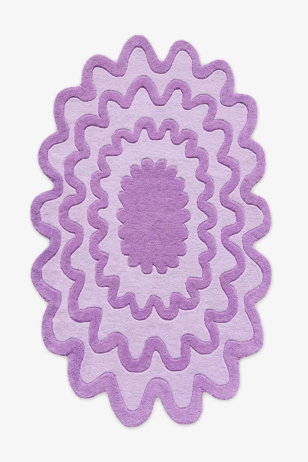 6x9 Purple and lavender ripple scalloped oval wool rug with abstract wavy pattern.