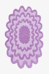6x9 Purple and lavender ripple scalloped oval wool rug with abstract wavy pattern.
