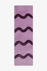 Light purple lilac runner rug with plum wavy stripes, colorful boho wool runner rug