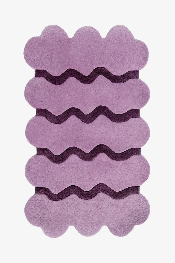 Lavender purple scalloped wool rug with dark plum ripple stripes, modern abstract purple area rug 8x10 for living room