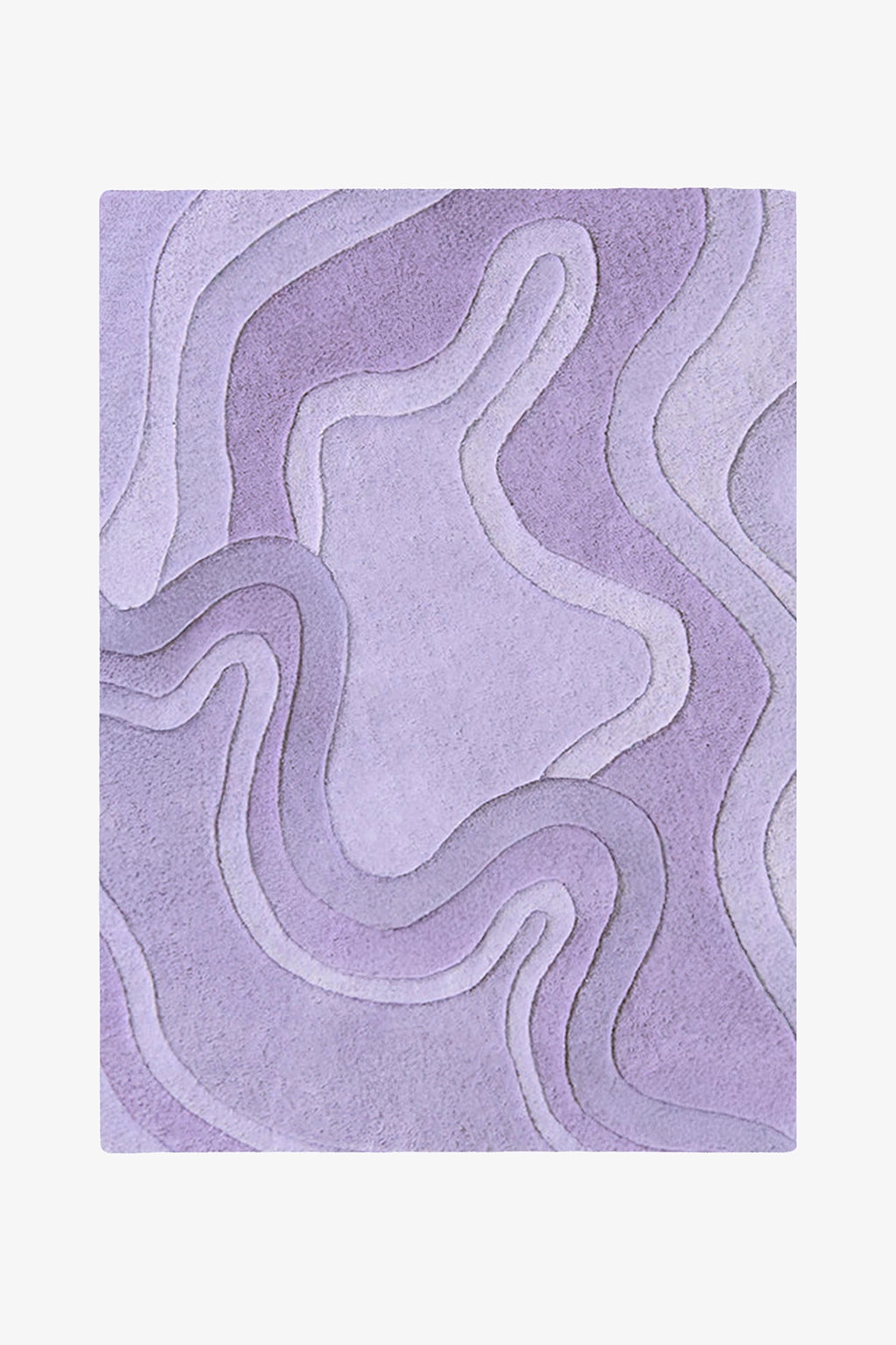 A rectangular area rug with an abstract, layered topographic design in shades of lavender and light purple, shown flat against a light off-white background.
