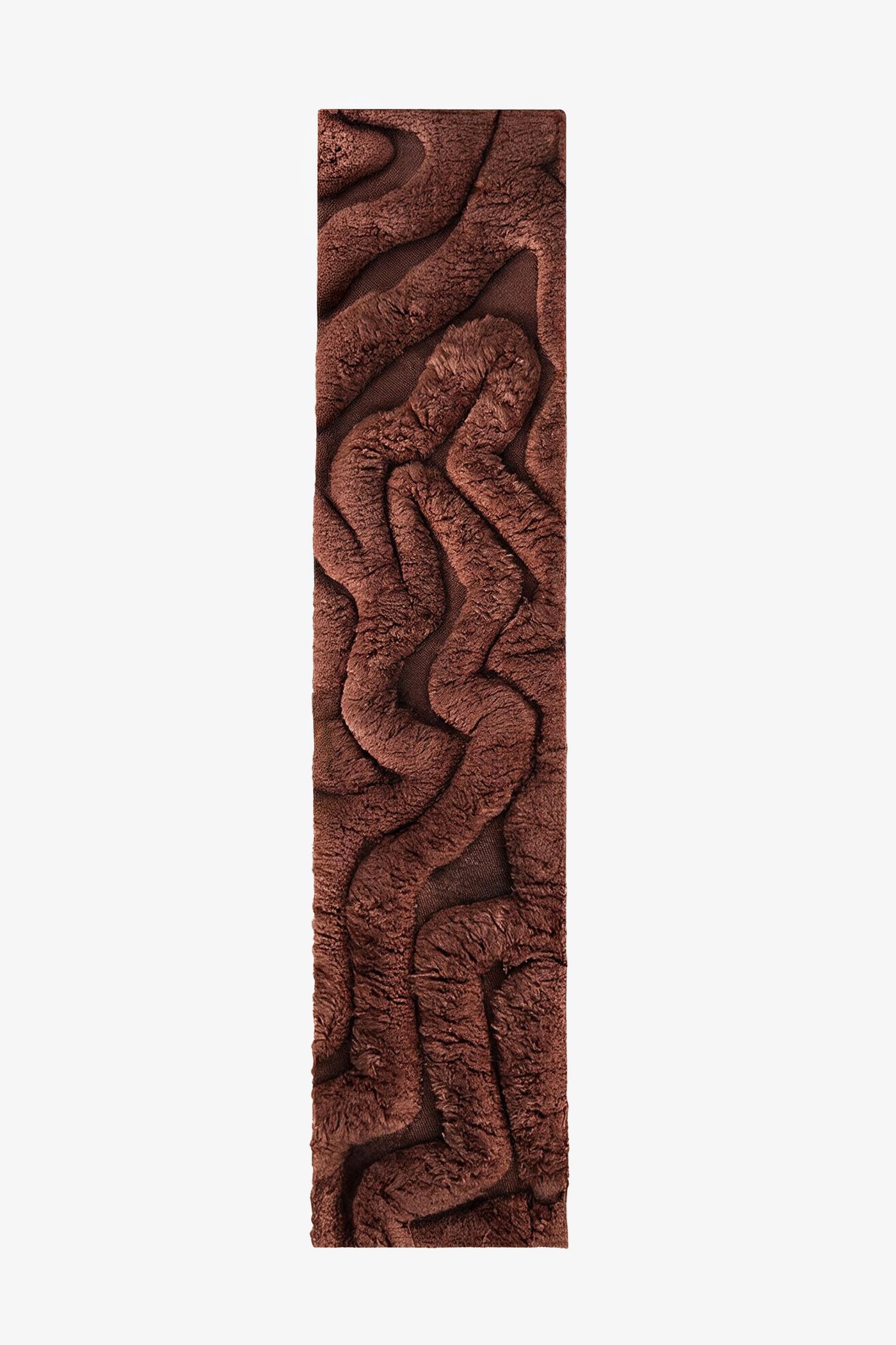 A long, narrow brown textured rug with a raised wavy, organic pattern, shown flat against a light gray background.