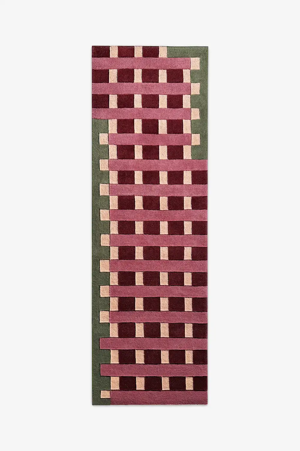 8 foot runner rug with a geometric pattern in wool on a white background