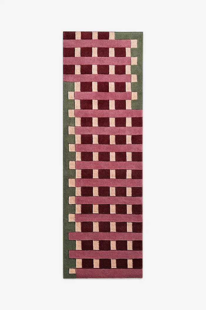 8 foot runner rug with a geometric pattern in wool on a white background