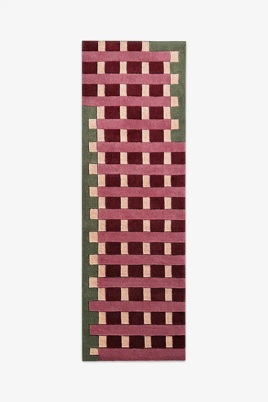 8 foot runner rug with a geometric pattern in wool on a white background