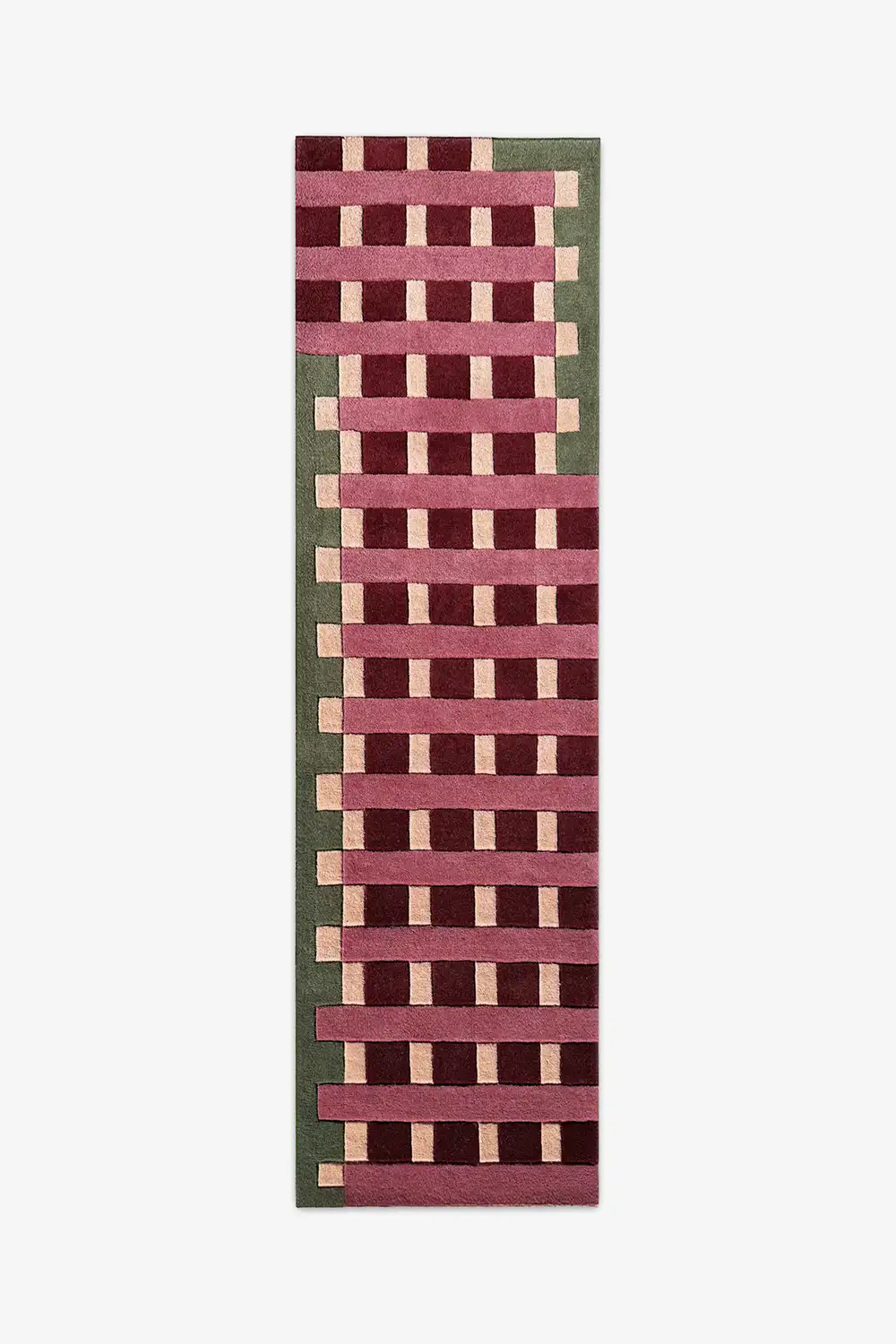 narrow runner rug with a multi colorful grid pattern on a white background