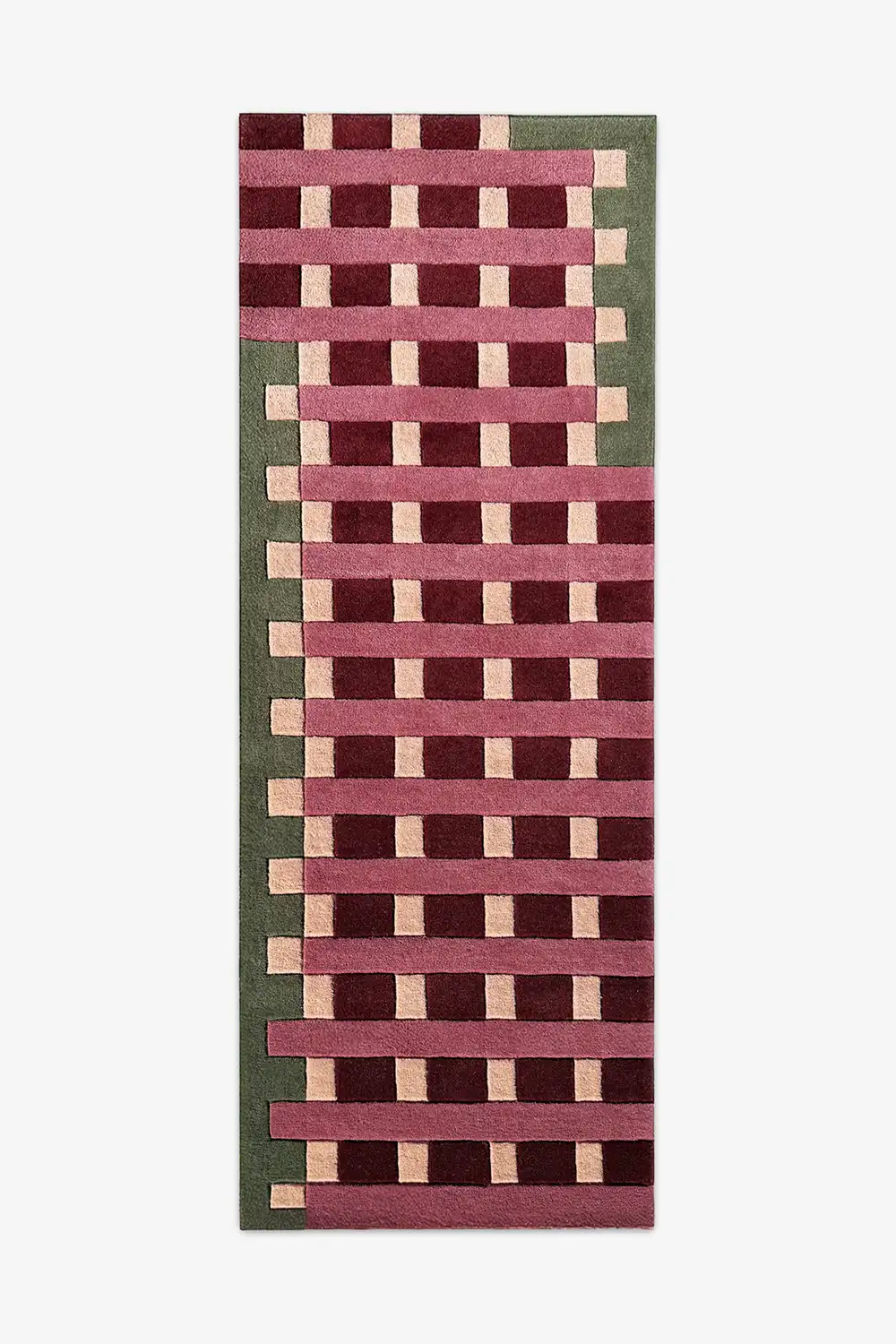 3x8 wool runner rug with a geometric pattern on a white background
