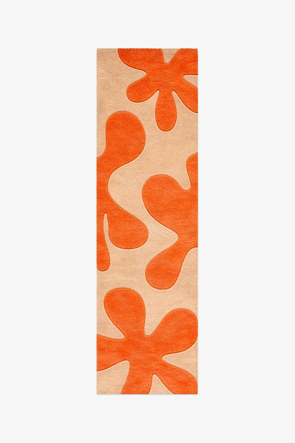 modern runner rug with orange abstract patterns on a beige background