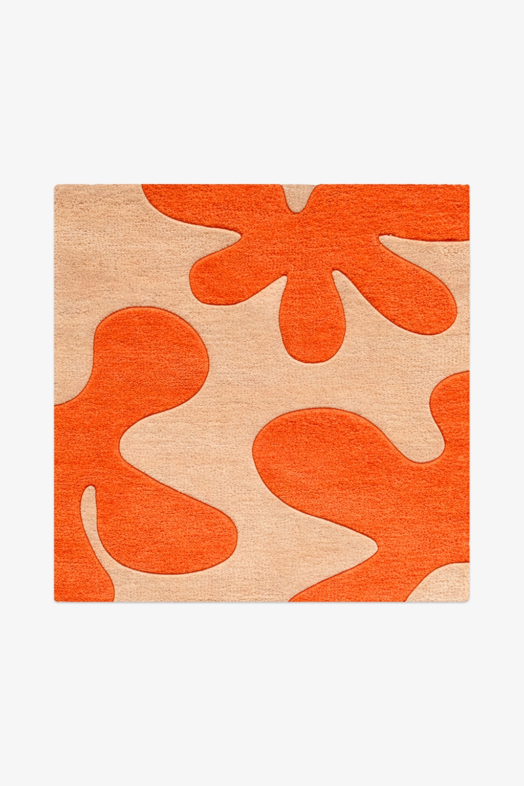 square rug with orange and beige abstract pattern on a white background