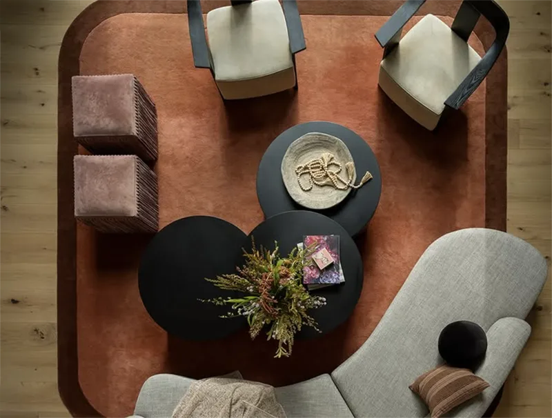 Aerial view of modern living room with brown rug, black coffee table, and decorative items.