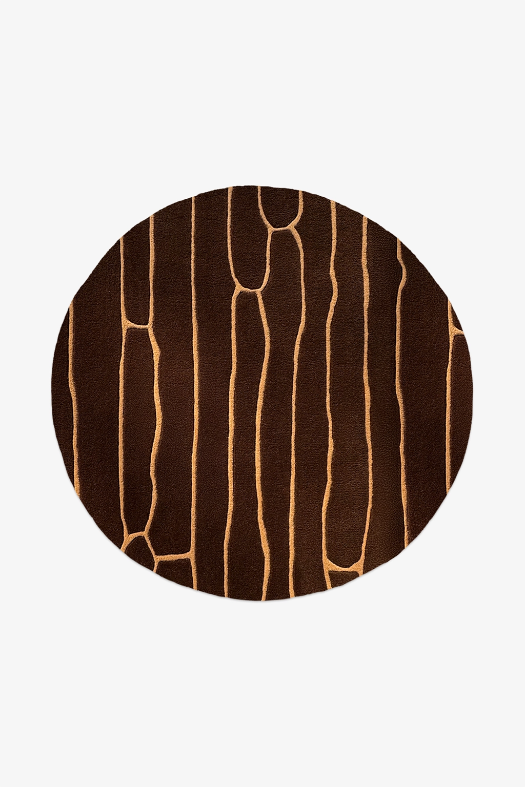 Round brown rug with gold abstract pattern on a white background