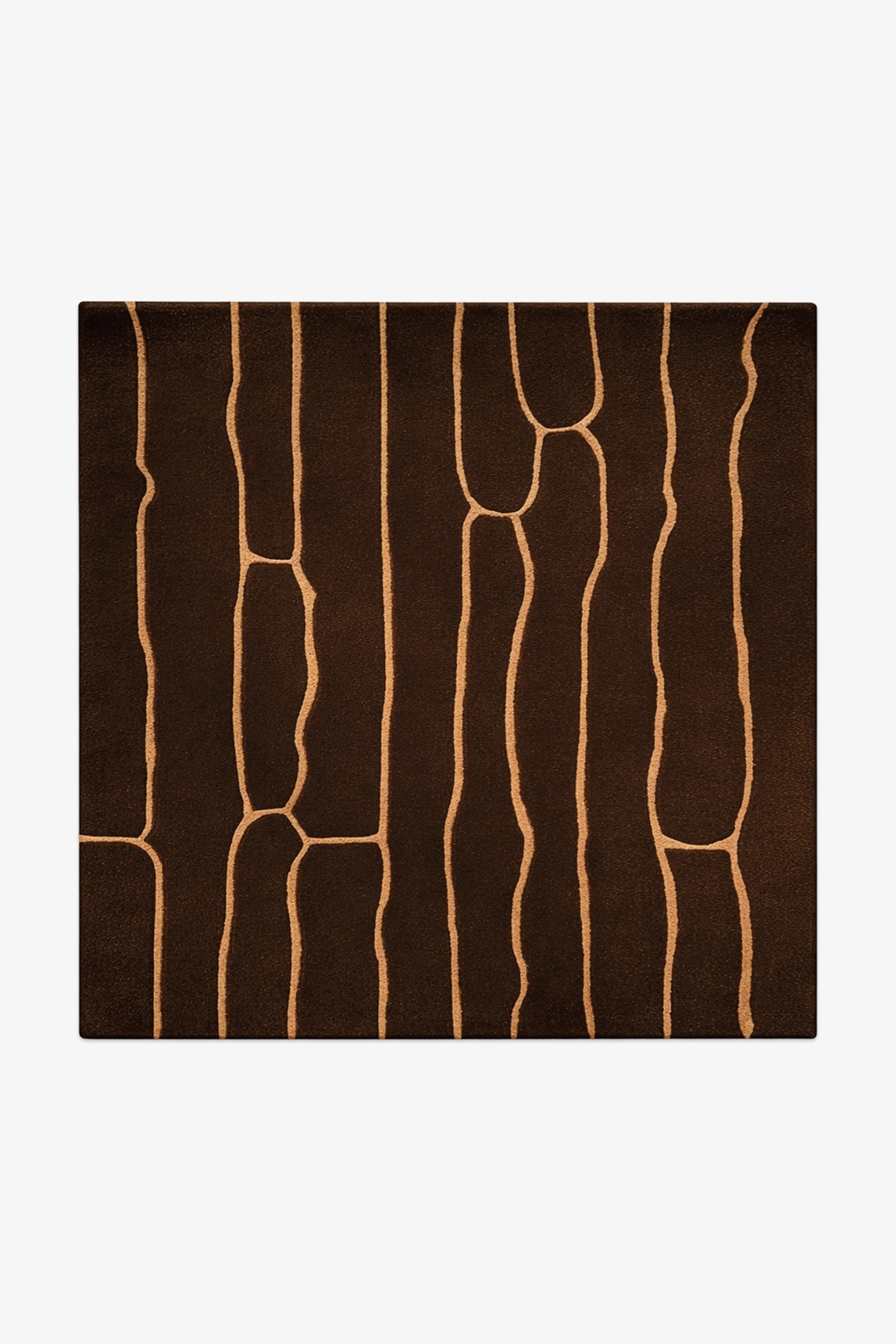 Brown square rug with abstract gold line design on a white background