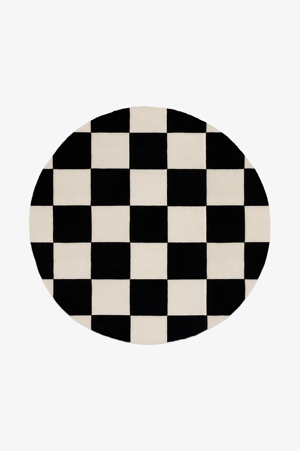 Round checkered rug with black and white pattern on a white background
