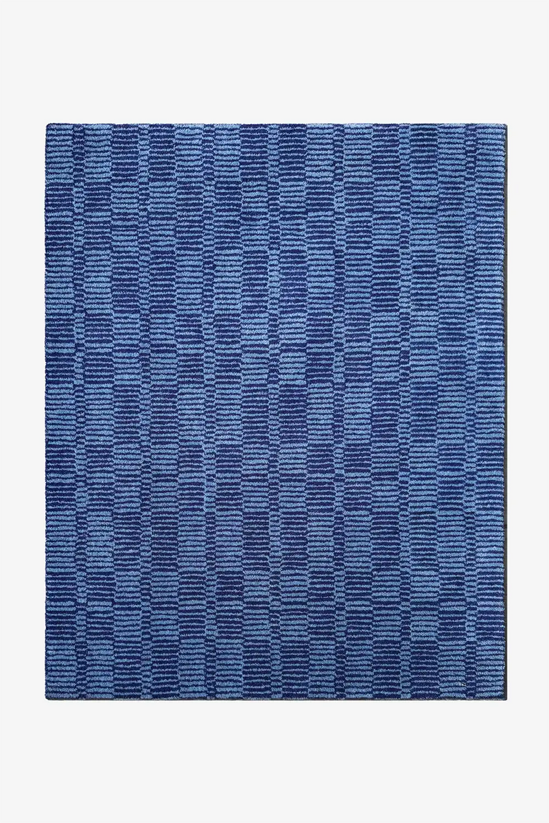 8x10 blue geometric wool rug in a plaid-like checkered pattern with subtle striped texture, perfect for modern living rooms or navy blue bedrooms