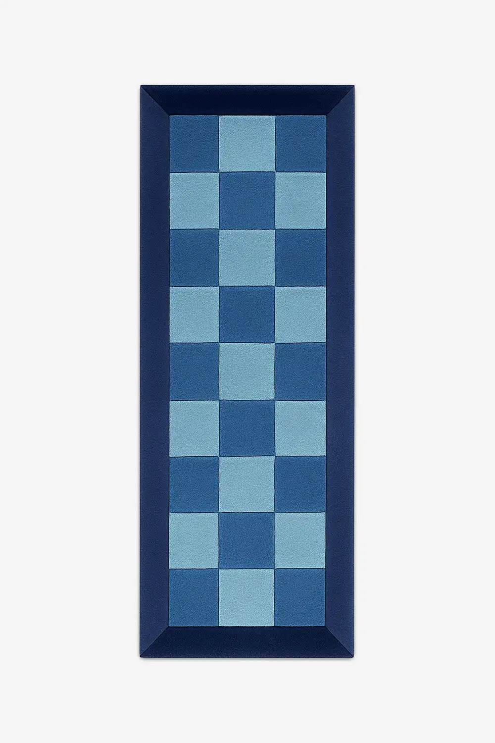 2x6 blue and light blue checkered runner rug with a dark blue border on a white background