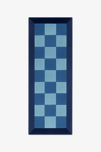2x6 blue and light blue checkered runner rug with a dark blue border on a white background